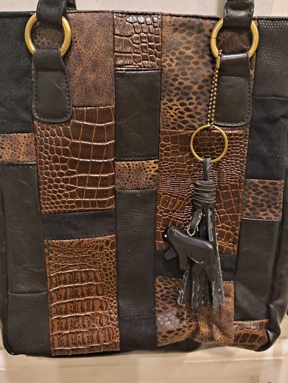 Bueno Collection Vintage Patchwork Mixed Leather Shoulder Bag Brown Black Animal